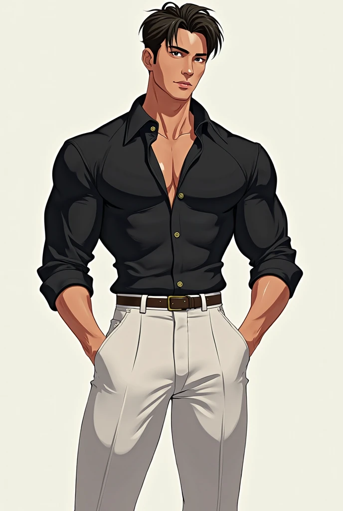 Cartoon image of man in sandals, , full body close-up shot, 「There is a police station in front of Kamei Park」Bad cop Kang Tongjin, Short black hair, Beard, Strong