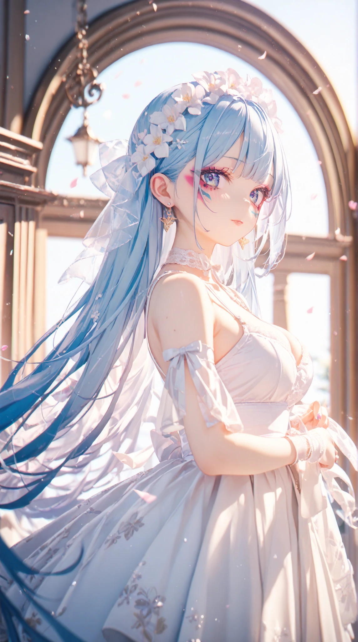 Sky blue hair, (Braided Ponytail),(Pink Eyes),Fair skin ,(whole body),(1 Girl),bride,blush,Straight bangs, 6月のbride,Wedding dress,(masterpiece, Highest quality, Super detailed, Best Shadow), (Detailed Background), (Beautifully detailed face), High Contrast, (Best lighting, Very delicate and beautiful), ((Cinematic Light)), colorful, Hyper Detail, Dramatic Light, Intricate details,Wedding hall,
