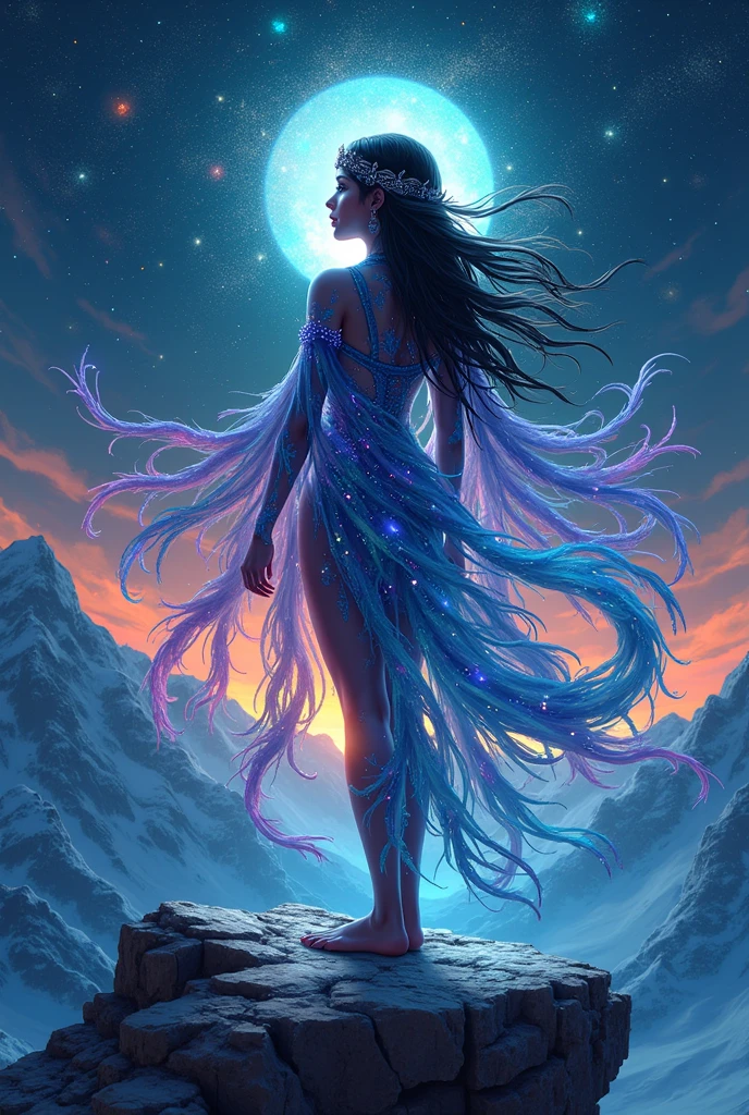 A mythological immaculate nebula drifter is portrayed in a stunning editorial photograph. The main subject is a celestial being floating gracefully amidst swirling galaxies and cosmic clouds. This visually striking photograph captures the ethereal beauty of the drifter with intricate details and vibrant colors. The nebula drifter's ethereal form shimmers with iridescent hues, evoking a sense of otherworldly elegance and mystery. The high quality of the image transports viewers to a realm of breathtaking wonder and awe.