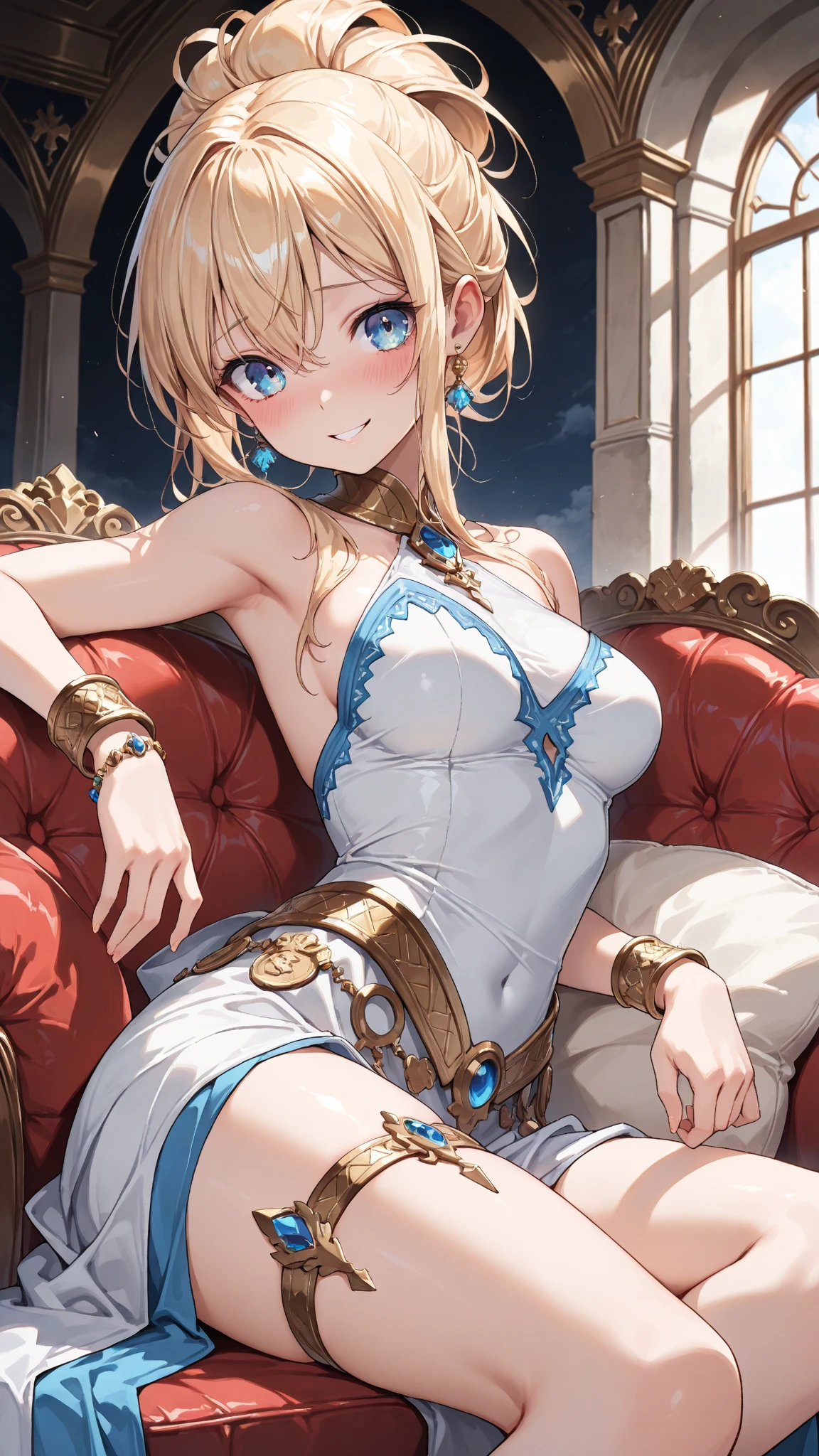 17 years old Women, ((Blonde)), ((Blue eyes)), ((Short hair)), ((Full shot)), dressed as a sexual slave in a harem in some medieval caliphate. She is in a room surrounded by pillows and in the center there is a fountain