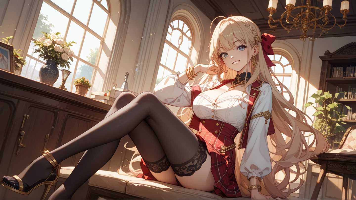 a blond、red eyes、Beautiful girl alone、Fluffy clothes、Western-style castle、Black tights、sitting on