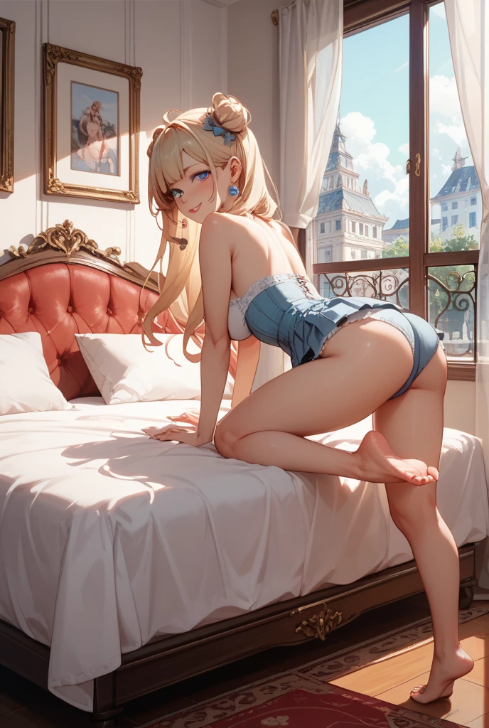 Masterpiece, best quality, 16k resolution, illustration, NVIDIA RTX Ray Tracing technology, Create a 4K resolution, ultra-realistic, and extremely detailed artwork, wallpaper, award winning, retina, soft light, sharp focus, (hyper-realistic:1.4), (medium shot:1.4), from above

Princess Peach, slim body, slim waist, blonde hair, long blonde hair, blue eyes, have big breasts, she must be wearing a golden crown, (golden crown)

NSFW, (NAKED BREASTS:1.5)

she must be in a sexy pose, lying on back, lie on back, on a bed 

((indoors, pink bed and sheets, pink cushions, castle, window, sky))

FULL BODY SHOT, ultra wide angle, textured skin, face detail, clean skin, perfect hands, perfect anatomy, anatomically correct