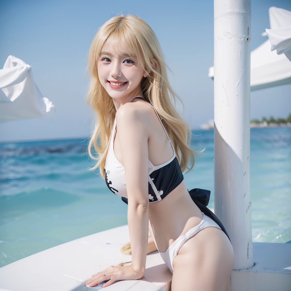 1girl, (Blue Eyes), (smiling :1.2), (Sana Minatozaki), (beautiful makeup :1.2), wide hips, Big tits, big ass, (Best Quality, 8k, Masterpiece: 1.3), Clear Focus: 1.2, Perfect Body Beauty: 1.4, strong abs, Highly detailed face and skin texture, detailed eyes, double eyelids, red lips, (blond long hair whit bangs :1.2), (black tanktop), (black thong), standing, look back, view from back, in a beach sea in the background, blurred background