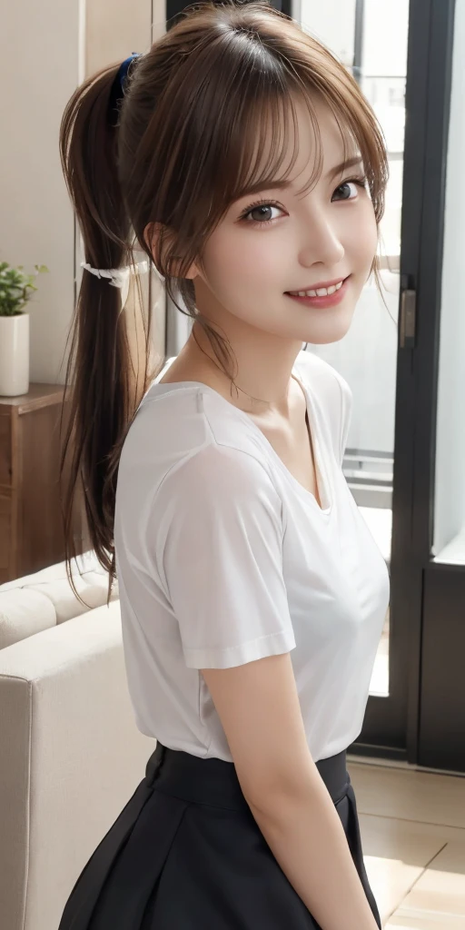 (8k, raw, masterpiece: 1.5), (professional photograph, sharp: 1.2), (natural sun light), (soft shadow), (photorealistic: 1.4), perfect dynamic composition, (1 girl), (Ultra-detailed face and skin), gorgeous face, perfectly proportioned face, dark brown eyes, round eyes, beautiful eyes, glossy eyes, high nose bridge, blush, plump lips, really moist skin, white skin, (delicate skin:1.4), (latex skin:0.4), (perfect glowing skin:0.6), (black colored ponytail hair, bangs), (hourglass figure), (large breast: 1.2), Refined expression, smile gently at the camera, looking at camera, silver necklace, headband, (white long shirt), (mini skirt), (pantyhose)