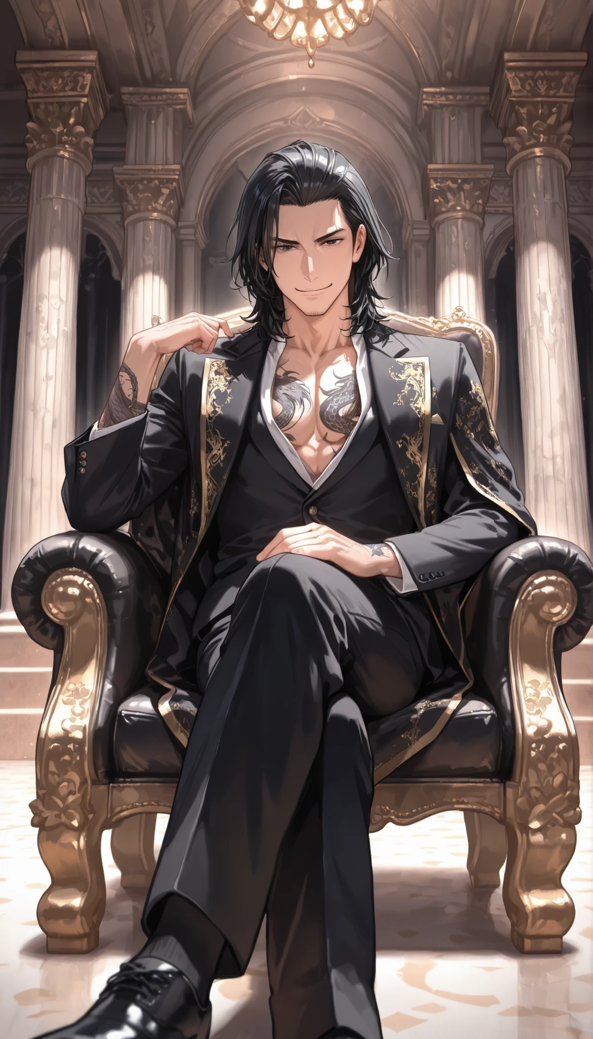 background, palace, pillar, indoor, yakuza boy, black hair, medium hair, black royal clothes, black pants, chest, handsome, dragon tattoo, smile, sitting on luxury black chair, looking at viewer