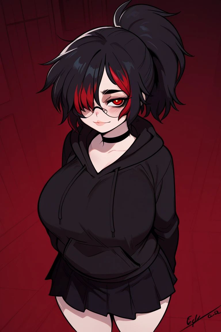 Furred drago, 1 girl, undersized black hoodie, undersized black shorts, massive breasts, black body fur, black ears, red glowing eyes, Shadow Katana, dark area, dark aura, smiling, looking at you, blushing