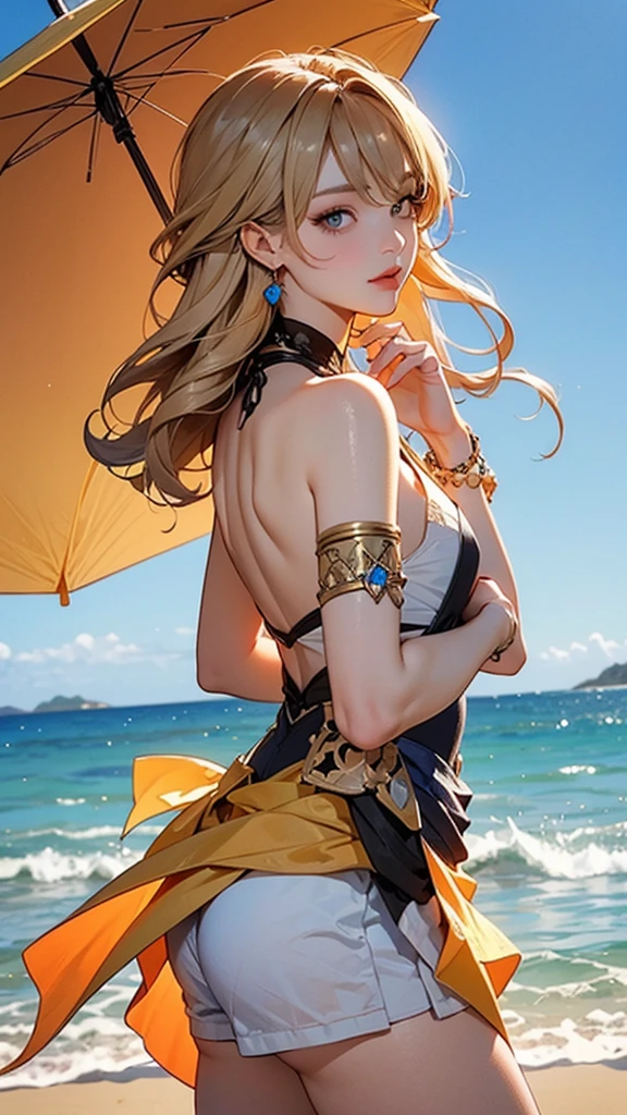 Eliase, catalyst, Yellow Hair, blue eyes, ponytail, Hair Ribbon, Open your mouth,clavicle,smile,Bikini Swimwear,barefoot,pararel, A thin skirt tied around the waist,belly button,abdomen, Dancer, gold belly Dancer,whole bodyがイラストに入るように,Stroll along the sandy beach,
break outdoors, Beach,
break looking at viewer, whole body,
break (masterpiece:1.2), Highest quality, High resolution, unity 8k wallpaper,, (shape:0.8), (Beautiful attention to detail:1.6), Highly detailed face, Perfect lighting, Extremely detailed CG, (Perfect hands, Perfect Anatomy),