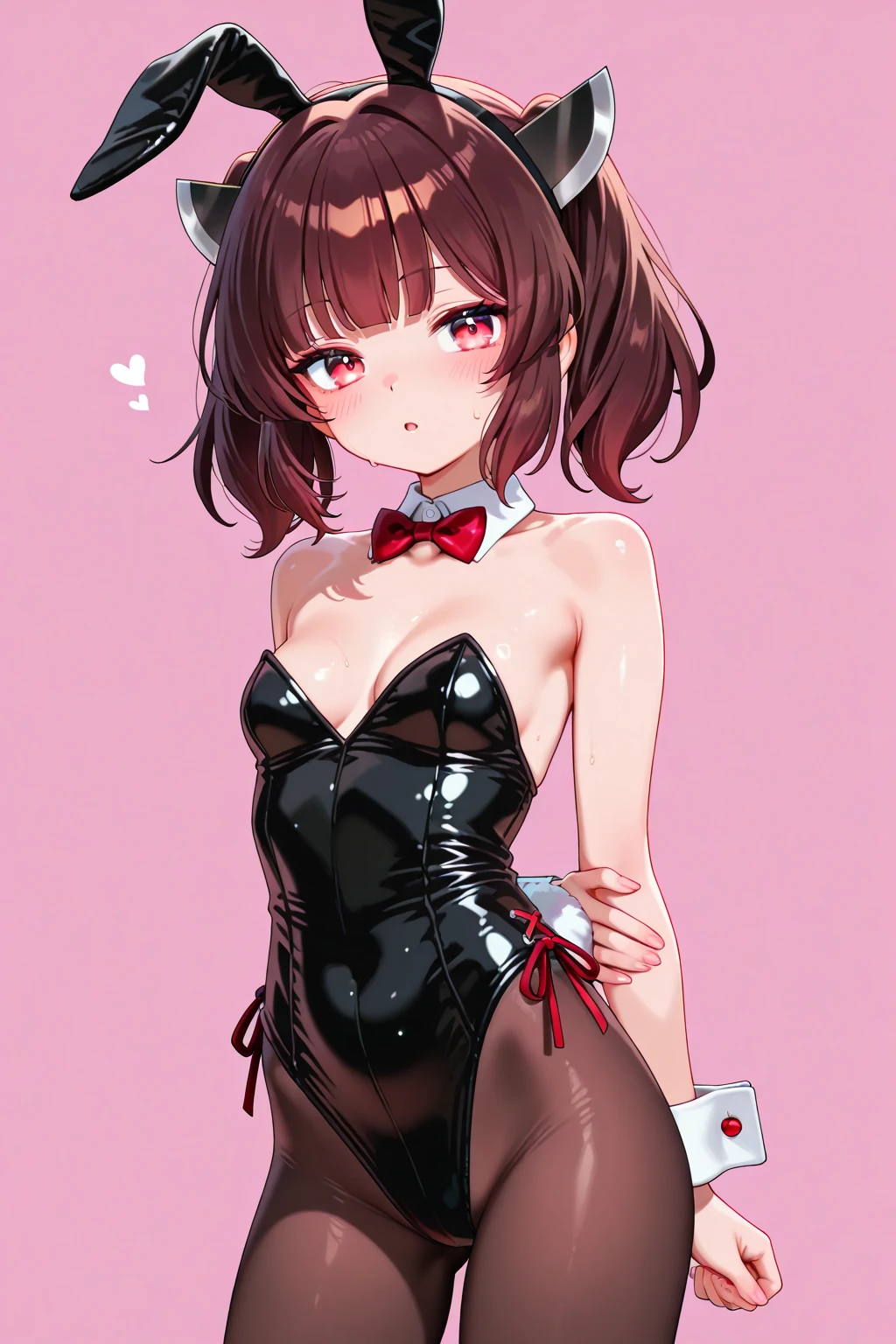 ((masterpiece)), ((highest quality)), (Super detailed:1.2), Posing like a character from a sexy NSFW doujinshi, //, pretty girl, One girl, (alone), //,Bunny Girl Costume. velvet bodysuit, white collar, Black bow tie, Bunny ears, Black high heels, //, Fluffy long hairstyles, Beautiful crimson hair, ((Beautiful Eyes)), Olive skin, Medium chest, Voluptuous body, //, Laughter, whole body, Gradation, //, ( Pink star-shaped background.:1.2),//, Shine, Ultra-glossy body, Shine