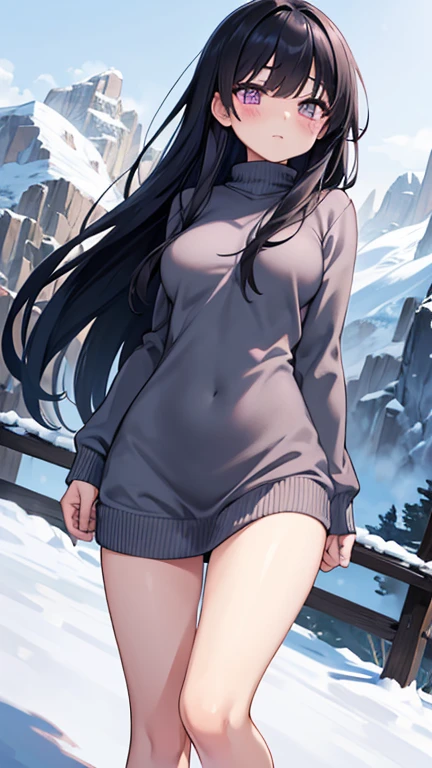 ,Beautiful Asian Girl, Proportional Body, Nice Breasts, Long Arms, Long Legs, medium size breasts, tied up hair, hair buns, snowcapped mountain, gray sweater, breasts covered