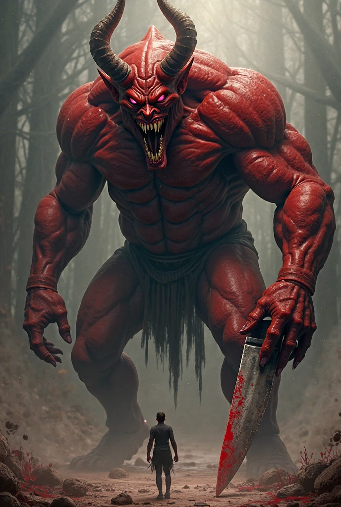 Red Satan talking to a child 