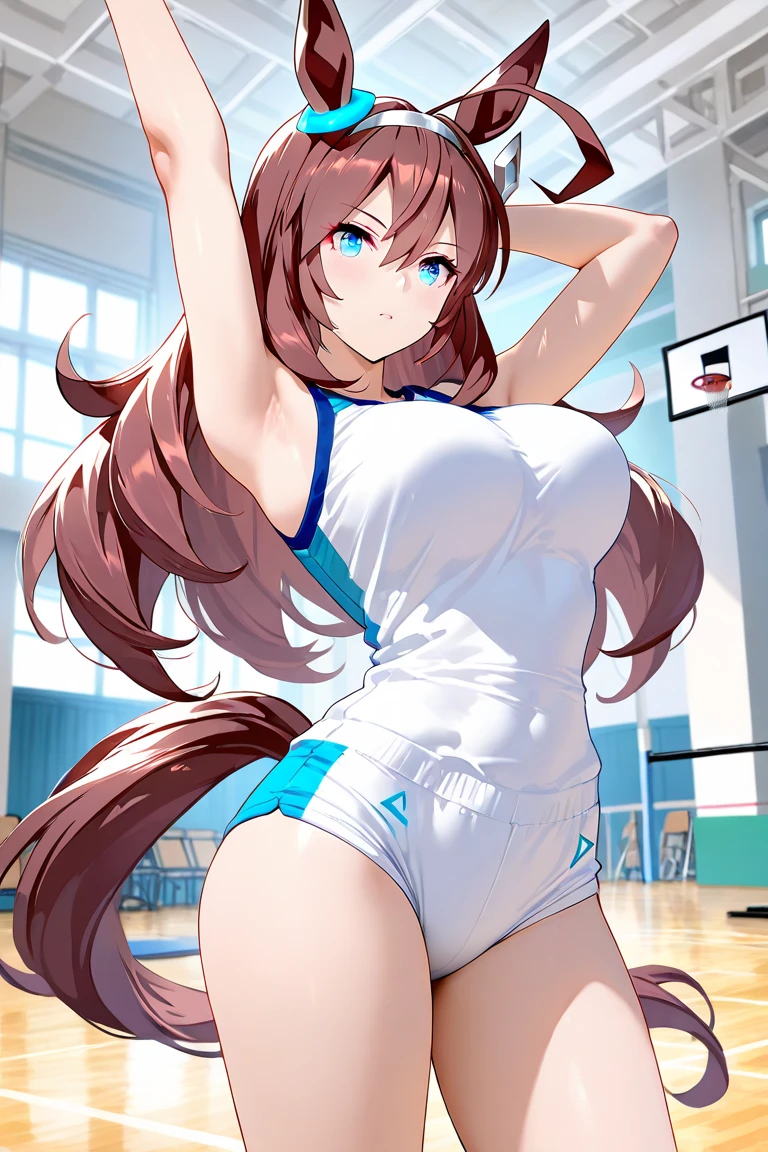masutepiece, Best Quality, Highly detailed,large full breasts , (Best Quality), (Best Illustration), Miku Nakano,Miku Nakano, dark brown hair, Blue eyes, headphones, a bed, Beautiful detailed eyes,cleavage,wide hips,((symmetricalfabricmetal, Sleeveless, Volleyball uniform, Buruma))