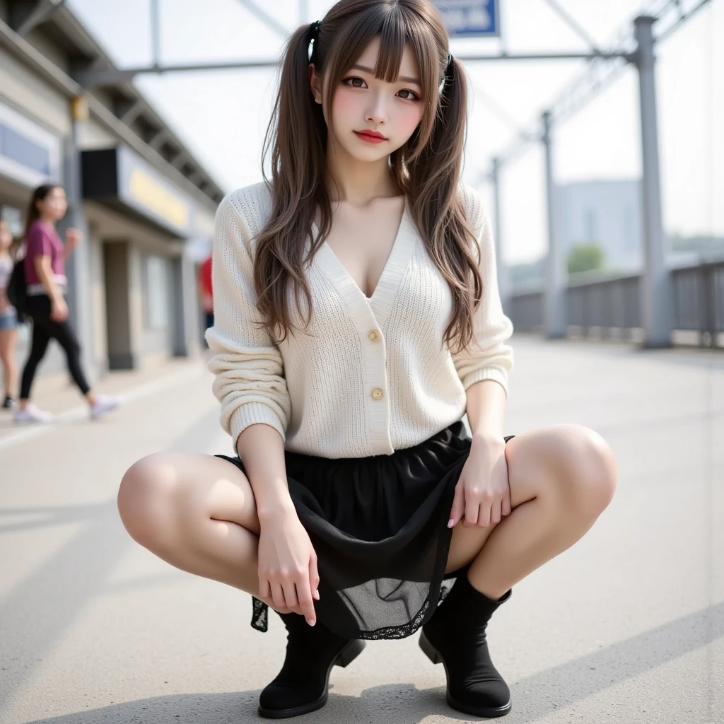 (((NSFW:0.8)))， (Perfect body: 1.1), (Large Breasts), Blonde Hair, collar, Lock, Full body photo, Crowded street, SM Sweater, Deep V sweater, open sweater, get out, ((transparent)), (Highly detailed CG 8k wallpaper), (Very delicate and beautiful), (masterpiece), (highest quality: 1.0), (Ultra High resolution: 1.0), Beautiful lighting, Perfect Lightning, Realistic Shadows, [High resolution], Delicate skin, Super detailed ((colorful), Exposed panties, Exposed underwear, Exposed underwear, Exposed underwear, The vaginal passage is implicitly visible, Street Squats, See-through panties,