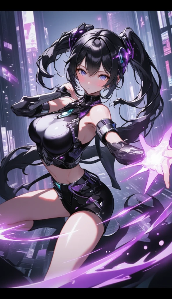 (((Masterpiece))), (((Highest quality))), ((Ultra-detailed)), ((Super fine illustration)), ((Ultra-fine painting)), (16K highest quality wallpaper:1.4), (Upper body:1.6), HDR, (Highly beautiful and detailed illustration style:1.8), Detailed skin texture, Detailed metal texture, Detailed cloth texture, Extreme detailed description, (T-masterpiece), (Highly detailed face:1.4), (Highly detailed purple twin-teils:1.2), (Highly detailed purple eyes:1.2), (Highly detailed symmetrical wings of a jet black fallen angel:1.4), Original, Raw photo, Professional, Intricate details, Super details, Iridescent light:1.4, (Perfect anatomy:1.4), (Highly detailed hands:1.2), (Highly detailed fingers:1.2), (Highly detailed fingertips:1.2), (Sexy), (Sexy), (27-years-old:1.4), Real, (Solo:1.5), ((A very beautiful and intelligent mechanical fallen angel model of the Chief Court Mage:1.4)) BRAKE (Beautiful and well-shaped big breasts:1.2), (Beautiful and well-shaped buttocks), (Beautiful and shiny purple twin-tails:1.6), (Highly detailed and delicate purple twin-tails:1.2), (Beautiful and clear purple eyes:1.4), (Highly detailed and delicate purple eyes:1.2), (Highly detailed symmetrical wings of a jet black fallen angel:1.4), (Highly detailed face:1.4), (Smile:1.4), (Looking at viewer:1.4) BRAKE ((Sophisticated mechanism:1.4))Smooth and menacing design, ((A highly detailed and stylish lightning magic off-the-shoulder and cleavage mechanical armor dress that shines in amethyst purple and jet black exclusively for the Chief Court Mage:1.4)) BRAKE (Concept-art:1.2), (Detailed science magic fantasy art:1.2) BRAKE (Battle Pose), (Lightning Magic Casting Pose:1.4) BRAKE ((Highly detailed and delicate magic circle:1.4), (Highly detailed purple-lightning background:1.3), No robot, (Highly detailed and delicate starry night sky background:1.4)) BRAKE (NSFW) BRAKE