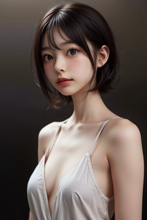 (Highest quality:1.4),(masterpiece:1.4),(Realistic:1.4),(Realistic:1.2),(超High resolution, RAW Photos:1.4),(High resolution, Very detailed:1.2),(8K:1.2),Cinematography,a photo of a dark-haired,Her hairstyle is a short bob with bangs...,One Girl,alone,(nude),((Upper Body:1.3))