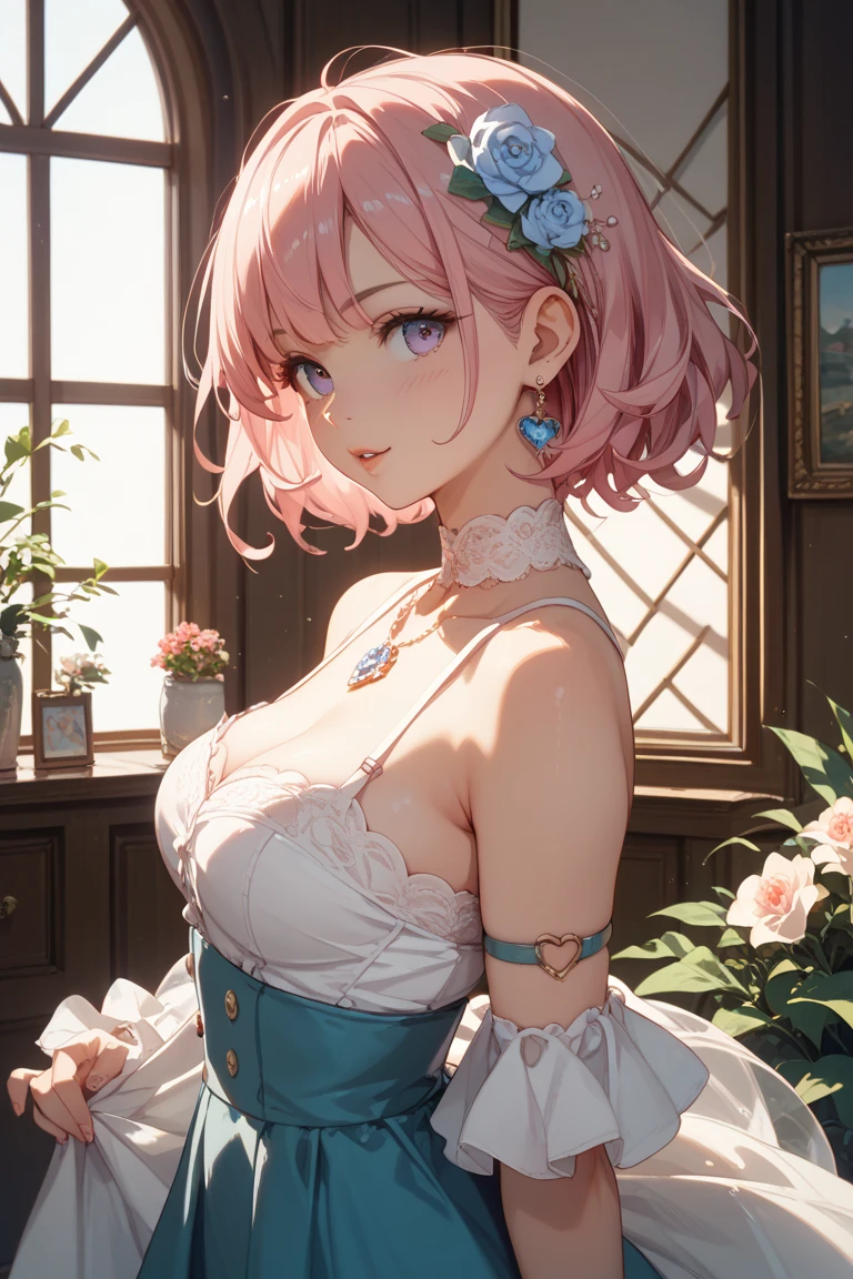 ((Super super detailed and perfect work)),figure, masterpiece,(extremely detailed CG 8k),(Extremely detailed 8K CG) (((1girl))), wonderful, girl, 18-year-old, light pink bob hair, medium breasts, slender weist, smile, beautiful eyes, purple eyes, yellow sparkling eyes, Sparkling Galactic Gems, smile, cowboy shot, ((Super super detailed and perfect work)), figure, masterpiece, (extremely detailed CG 8k),(Extremely detailed 8K CG) ,(((1girl))),smile, flower garden, perfect hands, , wedding dress, dress, null, medium hair,