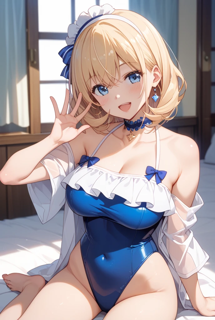 (4K、High resolution image quality、Detailed light、Detailed Shadows、Detailed Design)、1 girl、Blonde、Short hair that is not too long、Fluffy curly hair、Blue and black clothes、beret、(Aggressive design)、((Modest chest、Small breasts))、leotard、barefoot、Shameless、Redness、Lust、Estrus、((sexual excitement:1.5、Sex:1.3、To be made to cum:1.3、Expressions of sexual pleasure:1.1))、Sweat、Mysterious white liquid:1.2