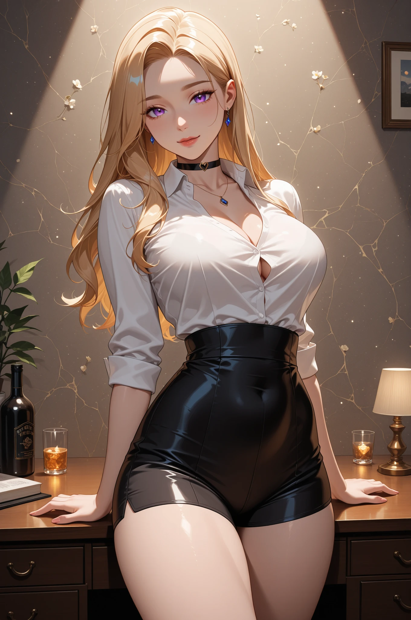 24-year-old Caucasian woman、Hair color is blonde、Eye color is blue、Longhaire、wearing eye shadow and lipstick、A slender、a smile、Beautiful breasts、My abs are cracked、I can see the navel、She is wearing a T-shirt that shows her underboob、She is wearing a mini-length pleated skirt.、I'm wearing pin heels、Wearing a jacket、wearing a lace choker