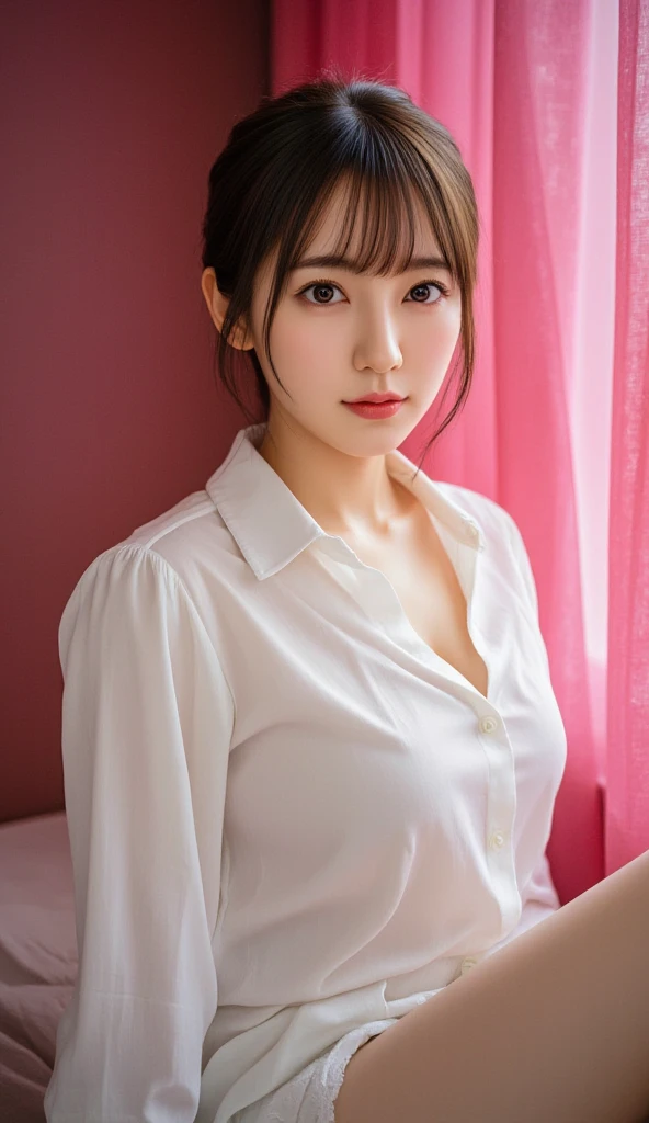 cute 21 year old japanese、super detail face、pay attention to details、double eyelid、beautiful thin nose、sharp focus:1.2、Beautiful woman:1.4、(light brown hair,short cut hair, white skin、highest quality、bright、masterpiece、ultra high resolution、(realistic:1.4)、Bedroom、on the bed、Cute Pajamas、best smile、Show the whole body、