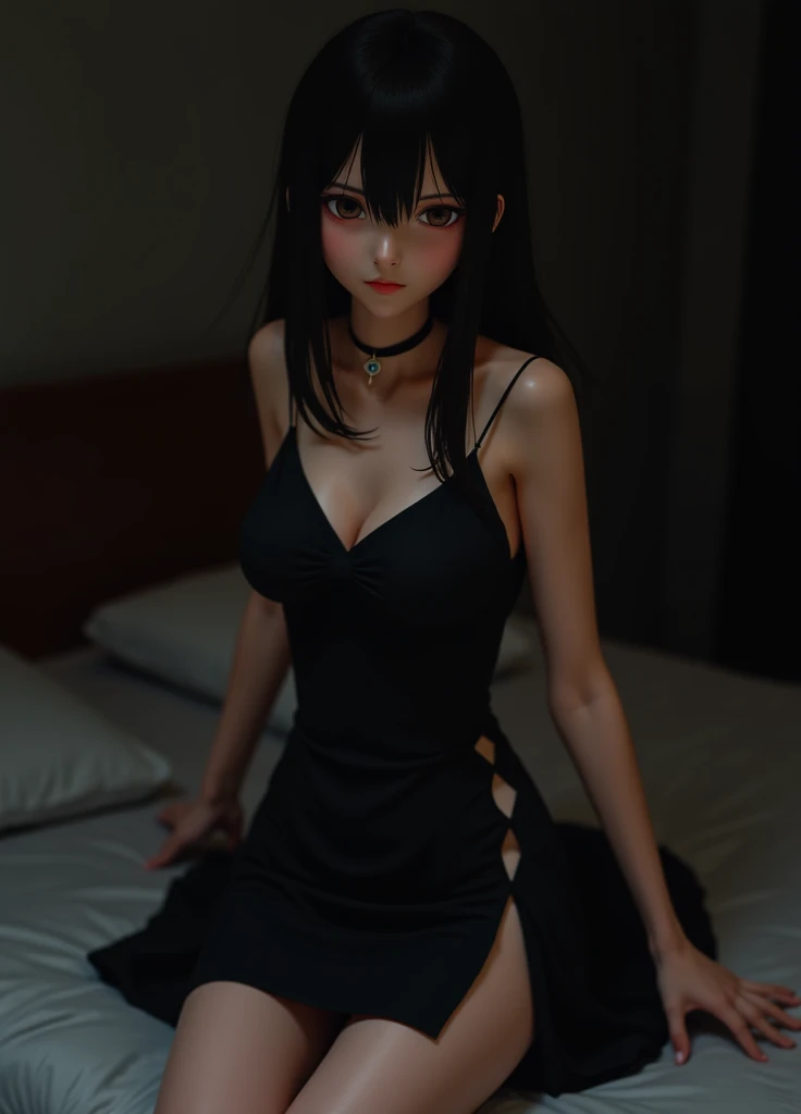 Best quality, masterpiece, ultra high res, (photorealistic:1.4), raw photo, 1girl, ((black lace nightgown)), ((small breast)), cold light