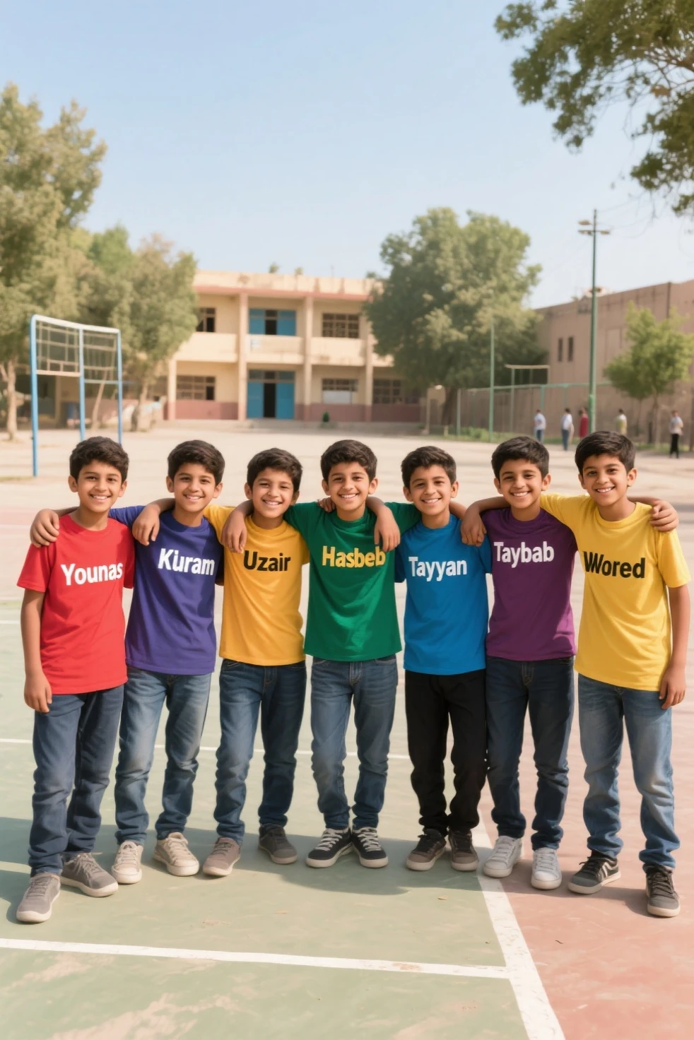 There are five boys and all five are wearing different colored clothes and the name of the first is Aman and the name of the second is zeeshan and clearly view and the name of the third is Misbah and the name of the fourth is Farhan and the name of the fifth is Anas written on the full t shirt and full background and all photos clearly view and name is correct on full view in shirt