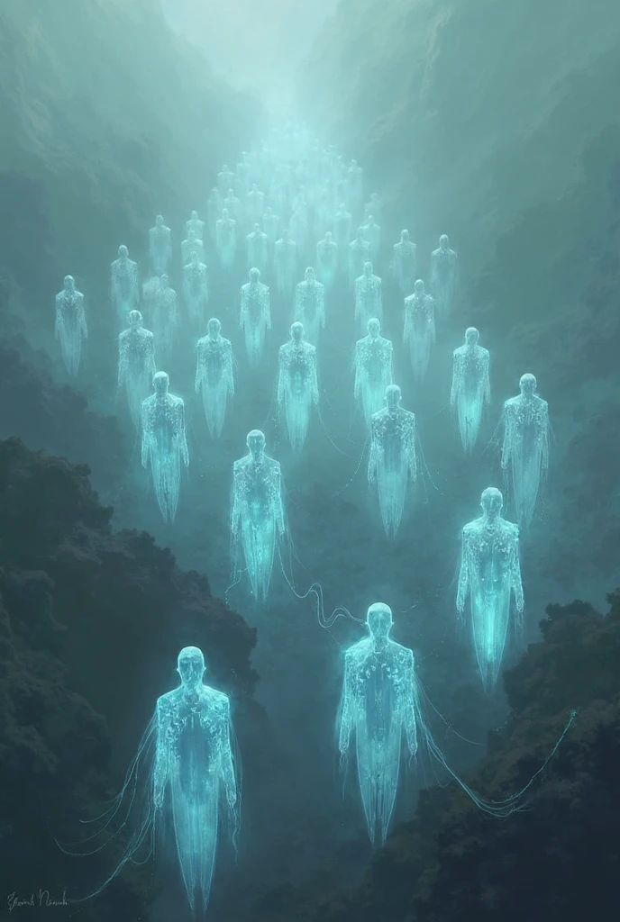 People made of light walking in defile on a Road, Background heavenly light