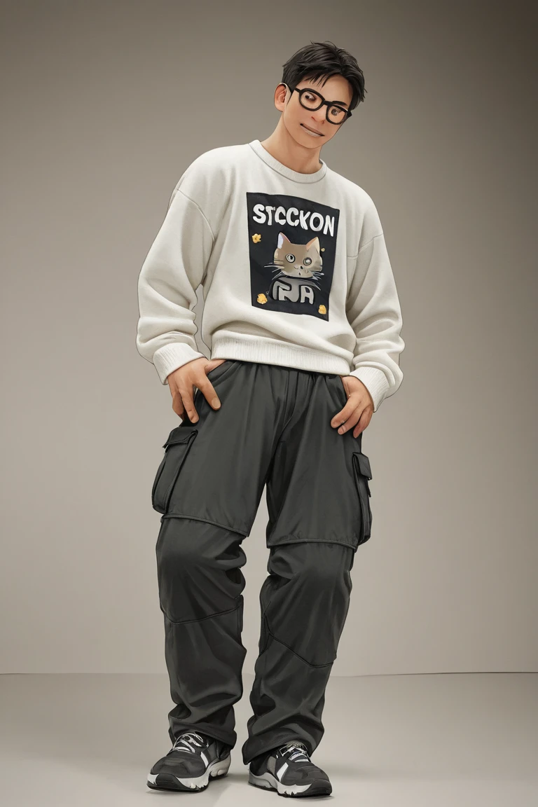 19 years old male, White Asian, Wavy chestnut black hair with subtle highlights, Oversized black hooded jumper with cat graphic, Wearing black corduroy shorts, Oversized black round framed glasses, Slanted blue eyes.