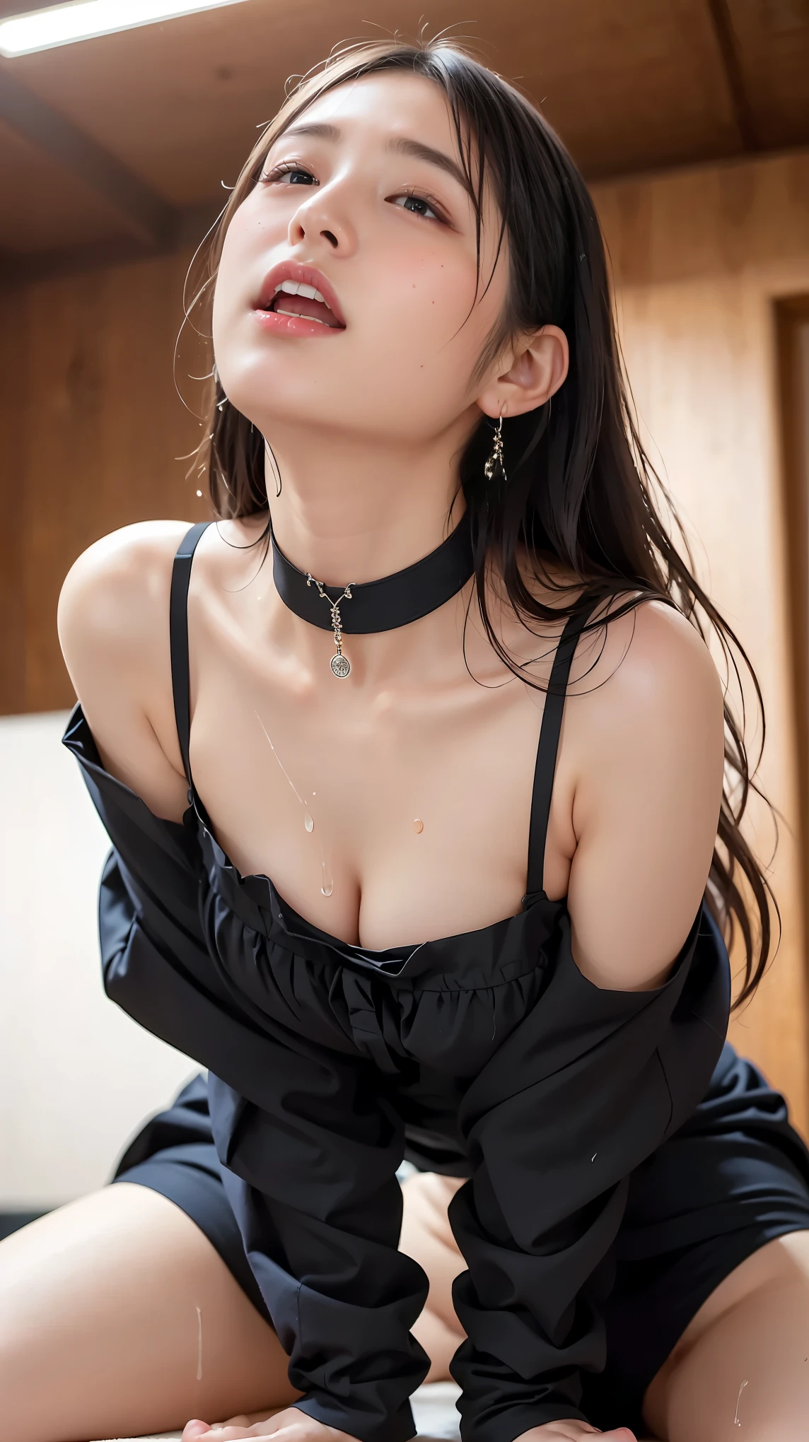 middle eastern women,20 years old,(Pale skin),necklace,(黑色choker necklace:1.3) ,earrings 、Deep sadness、sorrow、Red lips open:1.5 . close your eyes deeply. Enjoy the happy expression:1.5,masterpiece,original photo,best quality,detail:1.2),,endless realism,High-granularity CG integration 8k, Full body image:1.5 (Sweat)(Sexy pose),Perfect body (High neck,Black sexy clothes,The material is very thin,Clothes are torn:1.5) Tie up short hair,(take a shower:1.8),The whole body is soaked with clothes:1.8(Clothes are torn:1.8) (Bust size is at least 36f:1.8)