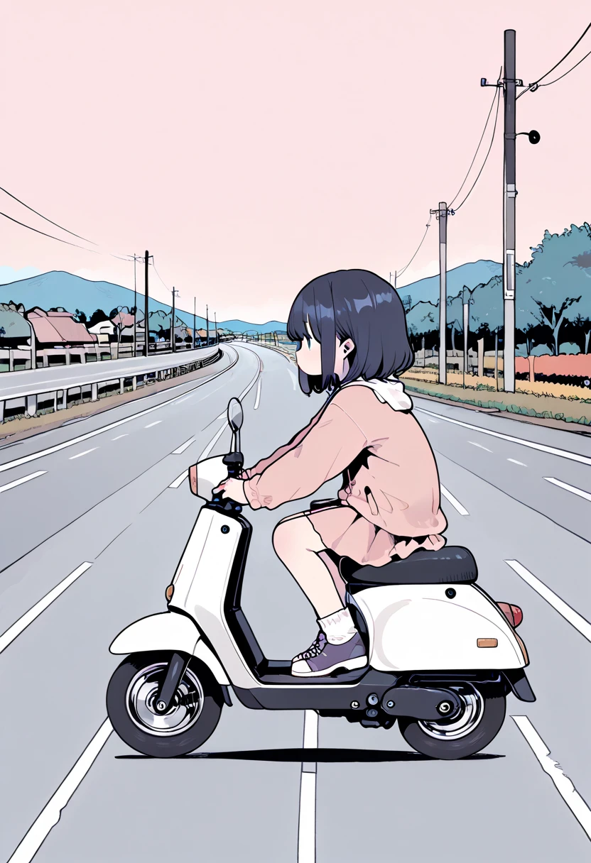 from side, masterpiece，Highest Quality，cute girl riding a small scooter on a coastal road，  Line Art, Flat Color, 