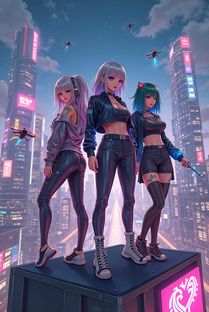 one beautiful girl, detailed beautiful hair, detailed beautiful eyes, long green hair, glasses, small breasts, choker collar, loose unzipped leather jacket, green bra, tight green shorts, standing on sidewalk, evening, nighttime, night, city lights, big city, cyberpunk city, rain, soaking wet, standing, cowboy shot, cinematic lighting, dramatic lighting,