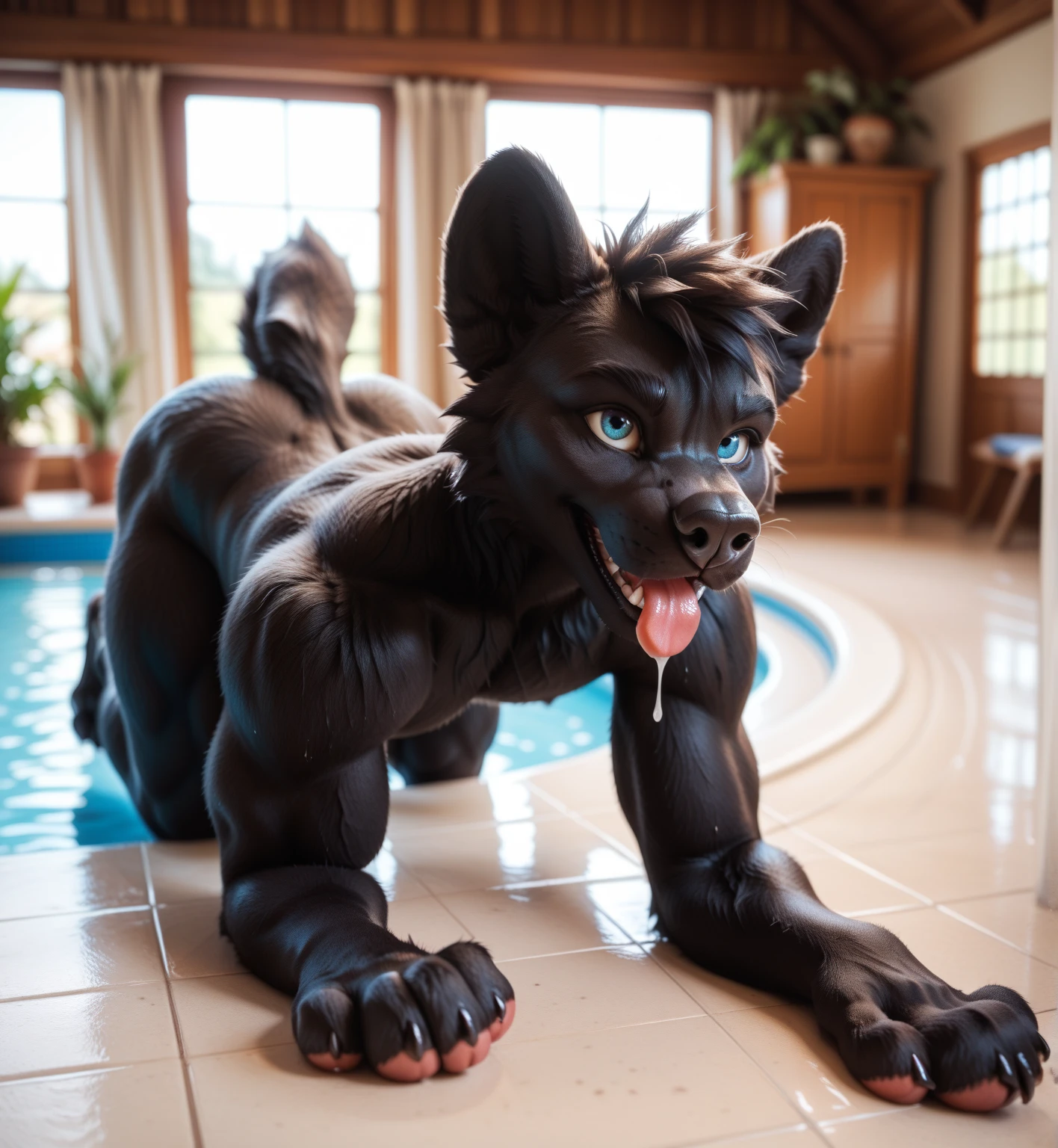A muscular black jackal with large breasts posing seductively while laying on their back in shallow water presenting their feminine body and their large veiny erect black penis and testicles, big penis, big testicles, veiny penis, genital focus, Masterpiece, highly detailed image, highly detailed genitalia, 4k, 4k resolution, black penis+, penis base, big testicles, by Truegrave9, by Virtyalfobo, by Chunie, by Clockhands, thick theighs+, inviting, inviting viewer, solo, long tail, fluffy tail, looking pleasured+, looking at viewer, feminine, plain background, seductive, bubblebutt, big butt, abs, thin waist, presenting, black skin+, ebony skin+, sweat, smug, breasts, tits, long flowing black hair, flexing biceps, hand on head, viewed from above,