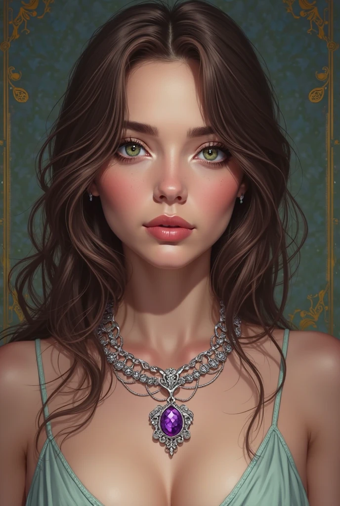 Digital hyperrealistic art, brunette woman with a serious face that expresses sadness, with a purple heart necklace, image with purple tones