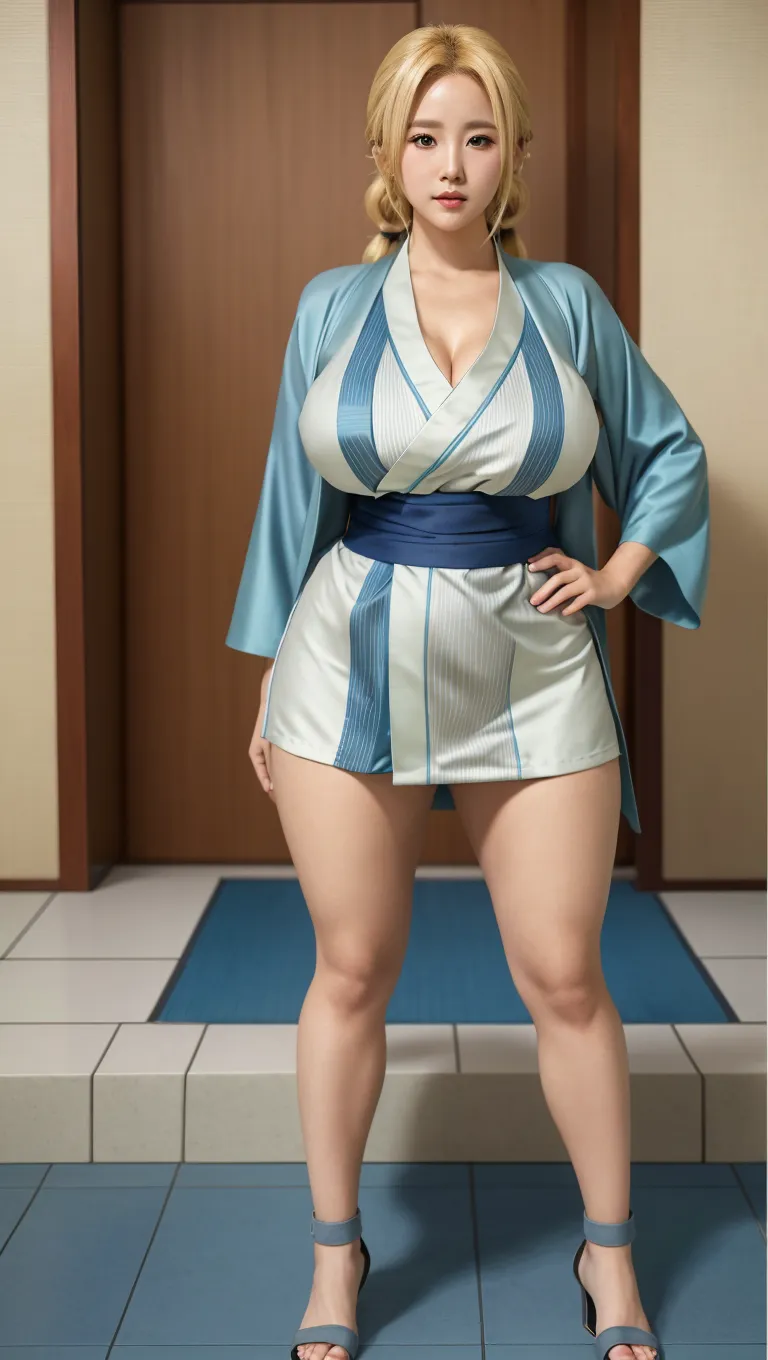Female ninja wearing short kimono in fishnet with sexy bare feet and toes exposed with boob cleavage showing wearing flip flop sandals