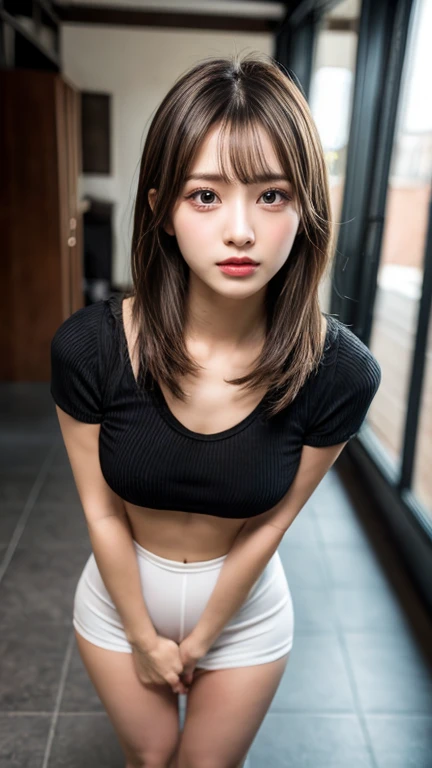 (RAW photo, best quality), (realistic, photo-realistic:1.3), best quality ,masterpiece, an extremely delicate and beautiful, extremely detailed ,CG ,unity ,2k wallpaper, Amazing, finely detail, masterpiece, light smile, best quality, extremely detailed CG unity 8k wallpaper, huge filesize , ultra-detailed, highres, extremely detailed, 1girl, slim body, small breasts, (black leotard top:0.7), (pink skirt:1.2), (bun hair), (brown hair), looking at looking at viewer, sharp focus, face close-up, nsfw,,,, pureerosface_v1:0.8 short hair,