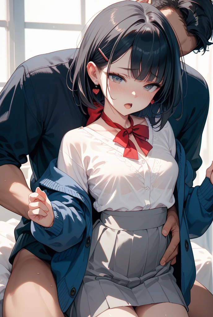 ((view from direct above)), nsfw:1.0, ((Full Body Shot:1.0)),(secreatry, one mature female lady, brown hair, long low ponytail hair, separated bangs, hair pins, slim body, small-medium breast, , (((open cloth, torn bra, white bra, erect nipple))), white blouse, red bowtie, black pleated mini skirt, (((black long socks))), black loafers), (one fat guy with bald hair, standing doggy-style sex, ((his hand covering her mouth))), at dirty street, graffiti wall, dead end, drooling, sad face, cum on her legs