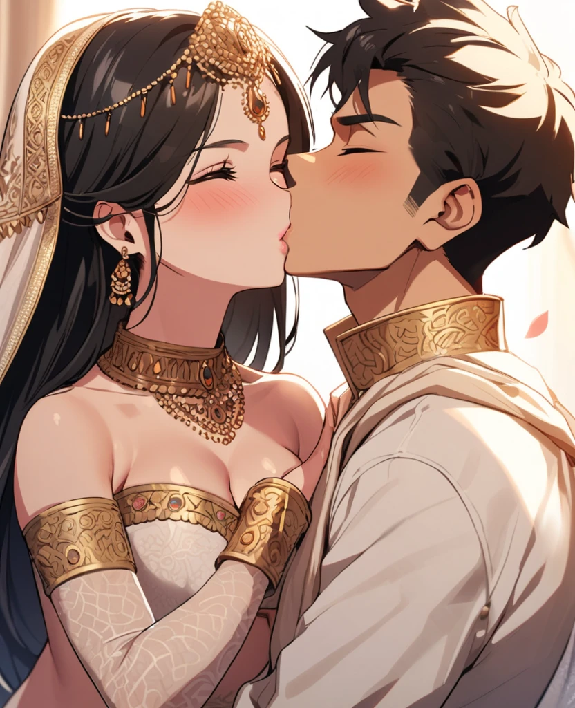 Hot sexy beautiful one indian princess kissing and sex with ugly fat old man while hugging im carry position in bedroom, long sparkling chandelier earrings,big breasts, ,black hair ,blush,blue eyes,red lipstick, chandelier jewelry,makeup, ornament, chandelier necklace,waist chain, rings,bangles,hair flower brochure,hair pins,hair chain, royal palaces and grand architecture, Traditional Indian sari, elegant draping style, intricate floral motifs, handwoven silk material, embellished with sequins and beads, sparkling gemstones and gold accents, artistic rendering of Indian culture, traditional jewelry and accessories, indian traditional wedding saree, crown