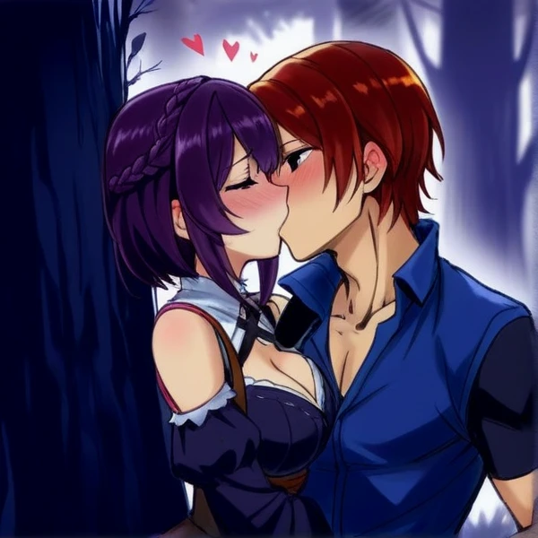 1boy, 1girl, alternate costume, blush, breasts, brown hair, choker, cleavage, closed eyes, detached sleeves, dress, frilled choker, frilled dress, frilled hairband, frilled sleeves, frills, hairband, headdress, hetero, large breasts, lolita fashion, lolita hairband, long hair, long sleeves, maid headdress, medium breasts, open mouth, purple bow, purple bra, purple dress, purple footwear, purple gloves, purple headwear, purple jacket, purple legwear, purple panties, purple pants, purple ribbon, purple shirt, purple skirt, purple sleeves, outdoor, forest, night, night sky, boy doing full nelson on girl, standing, boy arms under girl armpits, on back, strangling, squatting