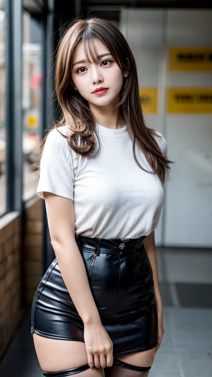 realistic, high resolution, 1 woman, butt up, beautiful eyes, gray hair, long hair, round eyes, collar shirt, belly button visible, black tie, black skirt, city street, short skirt
