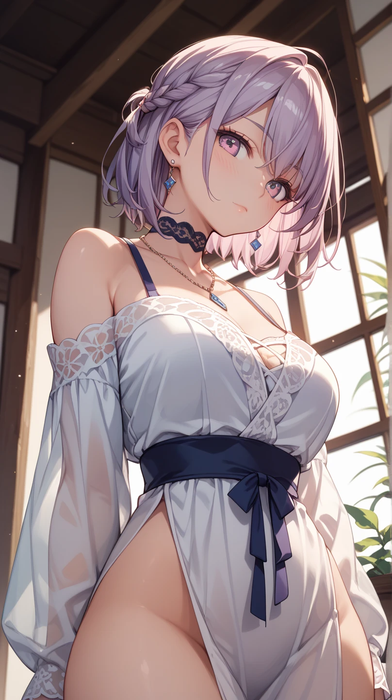 Very big shirts、loose T-Shirts、beautiful girl、Her neck is loose and her cleavage is visible、Beautiful clavicle、slender、small breasts、Small breastodest chest、raise arms、