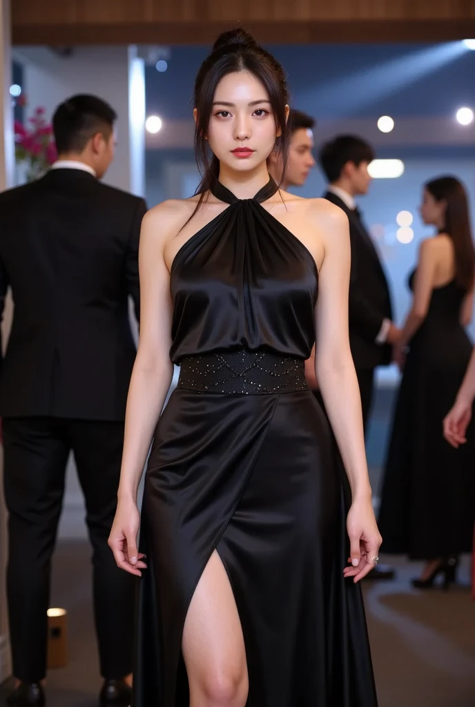 (8k, highest quality, ultra detailed:1.37), (Hana), 18yo, (a South Korean fashion model), struts confidently on the runway during a prestigious fashion week event. Naked, nude, shiny nipple, show armpit, Hana's elegance and poise captivate the audience. The high-resolution image captures ultra-detailed realism, highlighting Hana's captivating eyes, flawless complexion, and fashionable hairstyle. The glamorous runway and stylish set design add to the visual appeal, creating a visually stunning representation of Hana's success in the fashion industry, no clothes