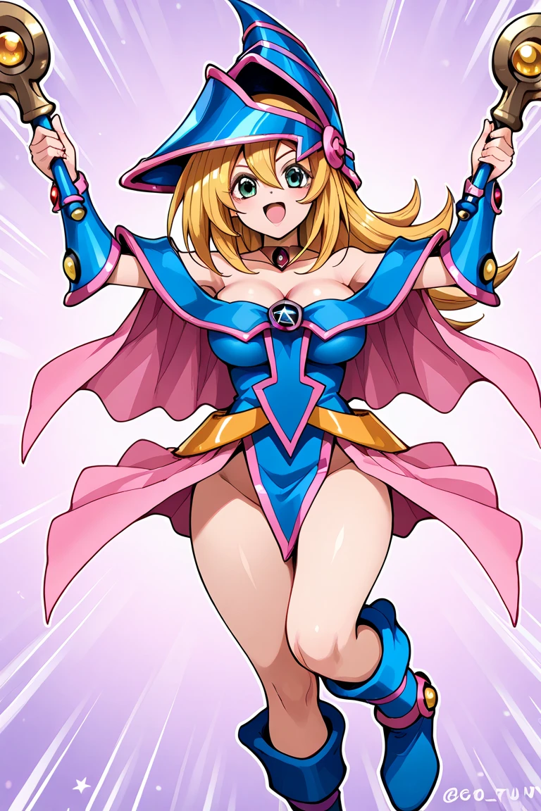 Black Magician Girl、Super Breasts、Thick thighs、Blonde、magic circle、8k, 4K, Highest quality, High resolution: 1.2),Wink、Exposing one breast、Cute anime face、Pink blush on cheeks、Noise Reduction、A tight leotard、Carrying a walking stick、Holding a cane、Rear View、I turn around