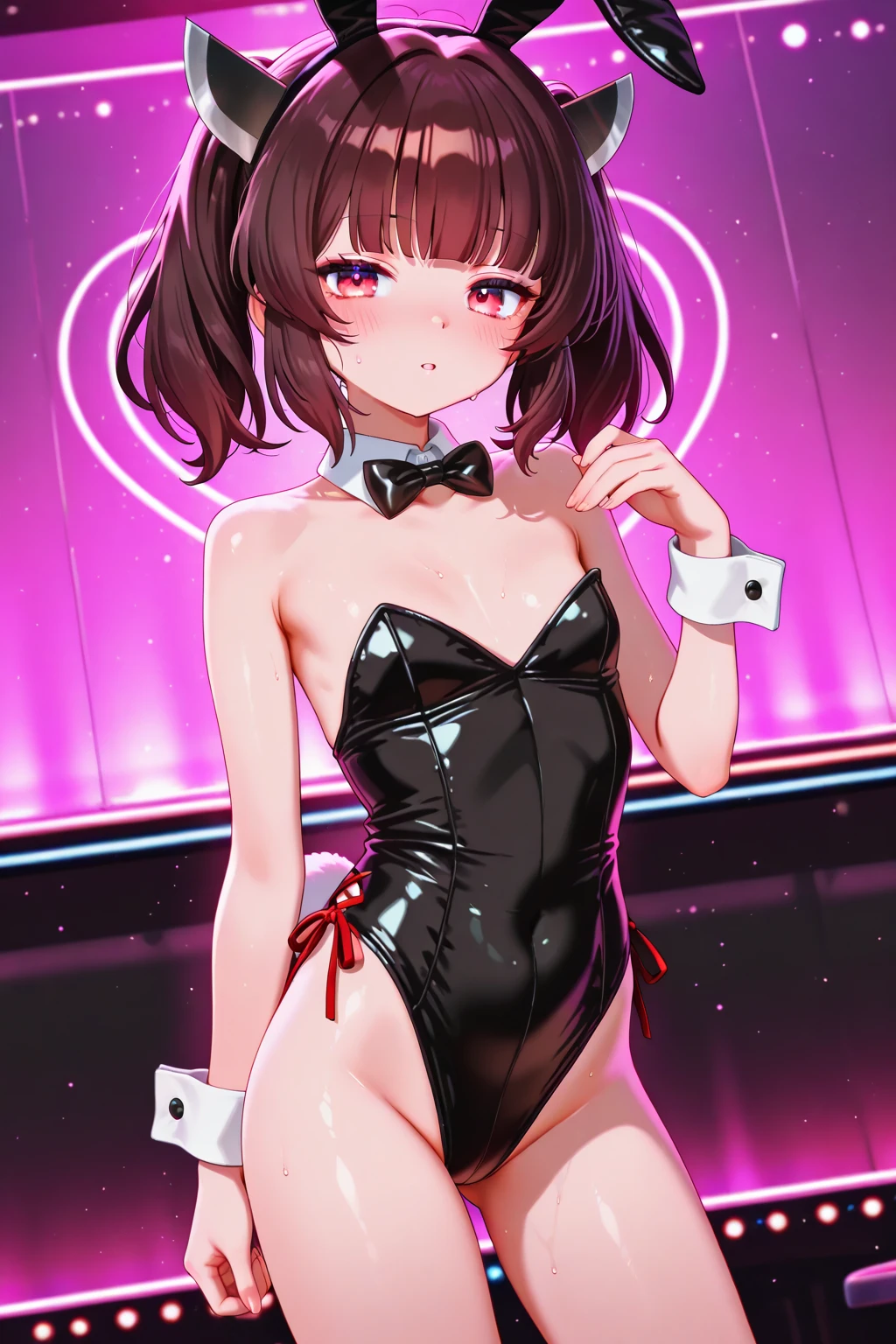 Erotic、tall、Pokemon May「Rose」、Brown hair twin tails bun、No sleeve、Shoulder、Shiny old school swimsuit Amitants Pink line、Evil female executive、sexy、Evil smirk face、tall、adult、lure、Alluring、Pitch black background、Dark bedroom at night