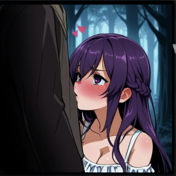 1boy, 1girl, alternate costume, blush, breasts, brown hair, choker, cleavage, closed eyes, detached sleeves, dress, frilled choker, frilled dress, frilled hairband, frilled sleeves, frills, hairband, headdress, hetero, large breasts, lolita fashion, lolita hairband, long hair, long sleeves, maid headdress, medium breasts, open mouth, purple bow, purple bra, purple dress, purple footwear, purple gloves, purple headwear, purple jacket, purple legwear, purple panties, purple pants, purple ribbon, purple shirt, purple skirt, purple sleeves, outdoor, forest, night, night sky, boy doing full nelson on girl, boy arms under girl armpits, on back, strangling, squatting