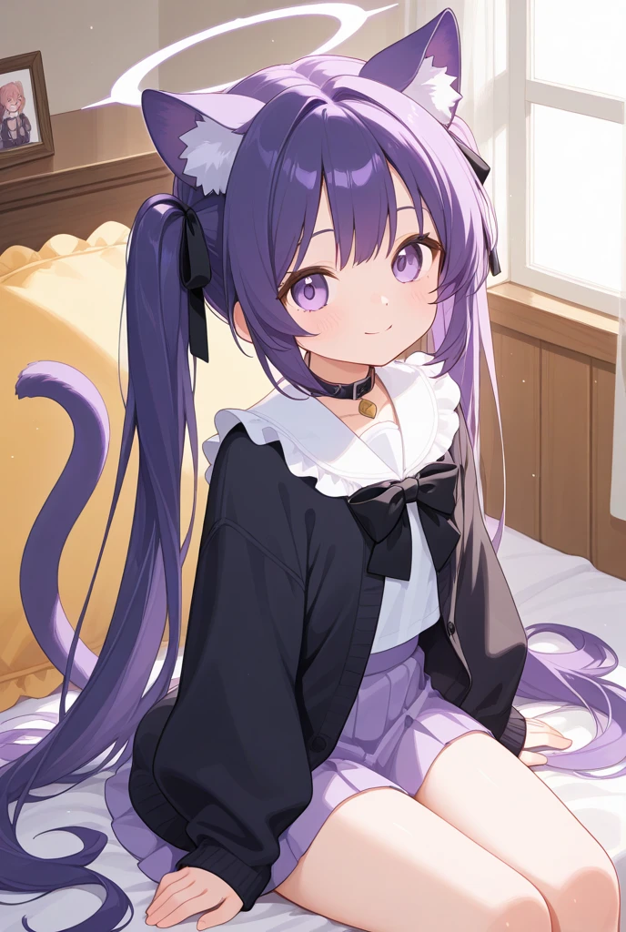 ((solo)),Beautiful boy dressed as a woman、purple hair、(short twin-tailed hair)、Scrunchies in the hair、hoodie、chiffon skirt、(black pantyhose)、flat chest、pat shoulders、sleepIng,bed,cat ear headband、On your back、hands on chest、Looking at the ceiling、Cute accessories are scattered around、frills、