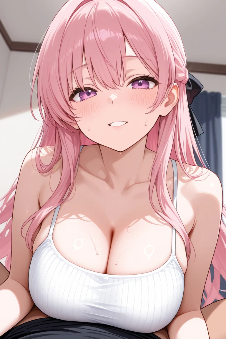masterpiece, best quality, ultra detailed, sparkling eyes, She is on the bed in a micro bikini, On all fours like a cat on a bed, Her breasts are very large and most of them stick out of the micro bikini, but her nipples are hidden, She has a seductive look on her face, Her micro bikini is pink, He has a used condom in one hand, She sticks out her tongue, She's in heat, Sperm dripping from her pants,  