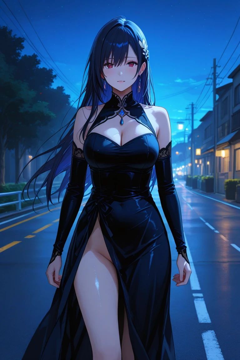 Takada Rokka, rich back lane, Black Hair, blue eyes, Long Hair, List scrunchie,smile,blush,Sleeveless purple white Chinese dress,Long slit,Black pantyhose,Stiletto heels,Walking,
break looking at viewer, whole body, break outdoors, Chinese style street, break (masterpiece:1.2), Highest quality, High resolution, unity 8k wallpaper, (shape:0.8), (Beautiful and beautiful eyes:1.6), Highly detailed face, Perfect lighting, Highly detailed CG, (Perfect hands, Perfect Anatomy),