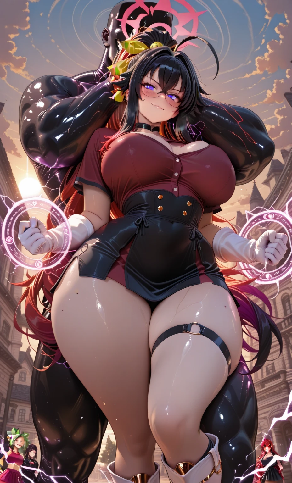 ((((Obra maestra, La mejor calidad, ultrahigh resolution)))), 1girl, kneeling,), ((long pure brown hair, hair over eye)), long hair cut, shiny skin, ((red eyes)), glowing_eyes, neon eyes, (ultra detailed eyes:0.7, beautiful and detailed face, detailed eyes:0.9), smirk, facing viewer, ((vibrant background, dark lighting, summer, sunlight)), large chested, looking at viewer, ((half closed eyes)), ((perfect hands)), (((head:1, arms, hips in view, elbows, in view))), ((hands behind back)), empty eyes, beautiful lighting, ((outside, outdoors)), defined subject, head tilt, (((gritty)), ((creepy)), ((cool)), ((beautiful)), (((SFW))), hair ornament, petals in the air, moon in the sky, city, mature woman, adult woman, sfw, pink and white dress, night dress, she is a princess, large chest, big ,