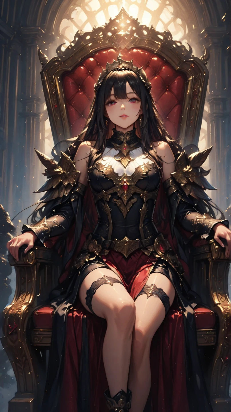 A Queen sitting on the throne, European, detailed face, dramatic lighting, cinematic angle, photorealistic, 8k, high resolution, hyper detailed, masterpiece,refiner: woman face,light beams,open legs