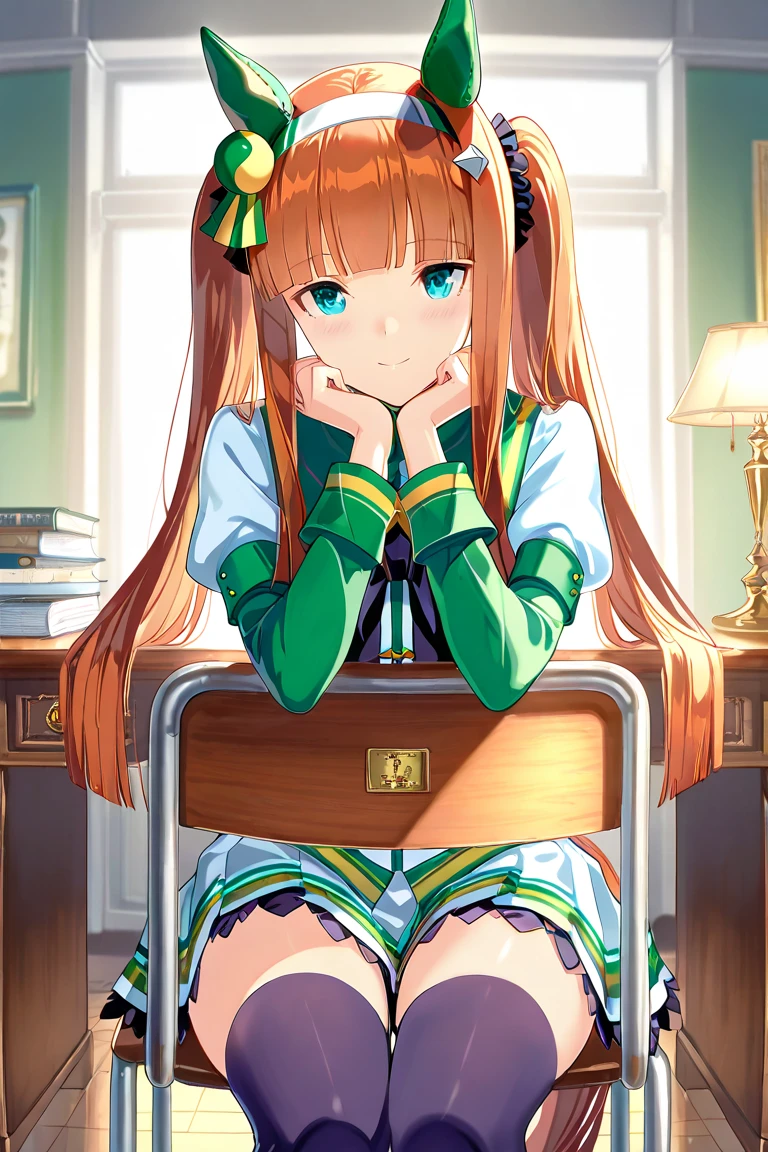 (high quality, 8k, 4K, High Contrast, masterpiece:1.2, 最high quality, Best aesthetics), ((1 female)), Silence Suzuka (umamusume), Black gloves, White Skirt, Pleated skirt, Black Pantyhose, Layered sleeves, Puff short sleeves, Short or long sleeves, Black Bow, Seductive pose, Full-body wide-angle, smile, (Leg spread, Sitting:1.1),