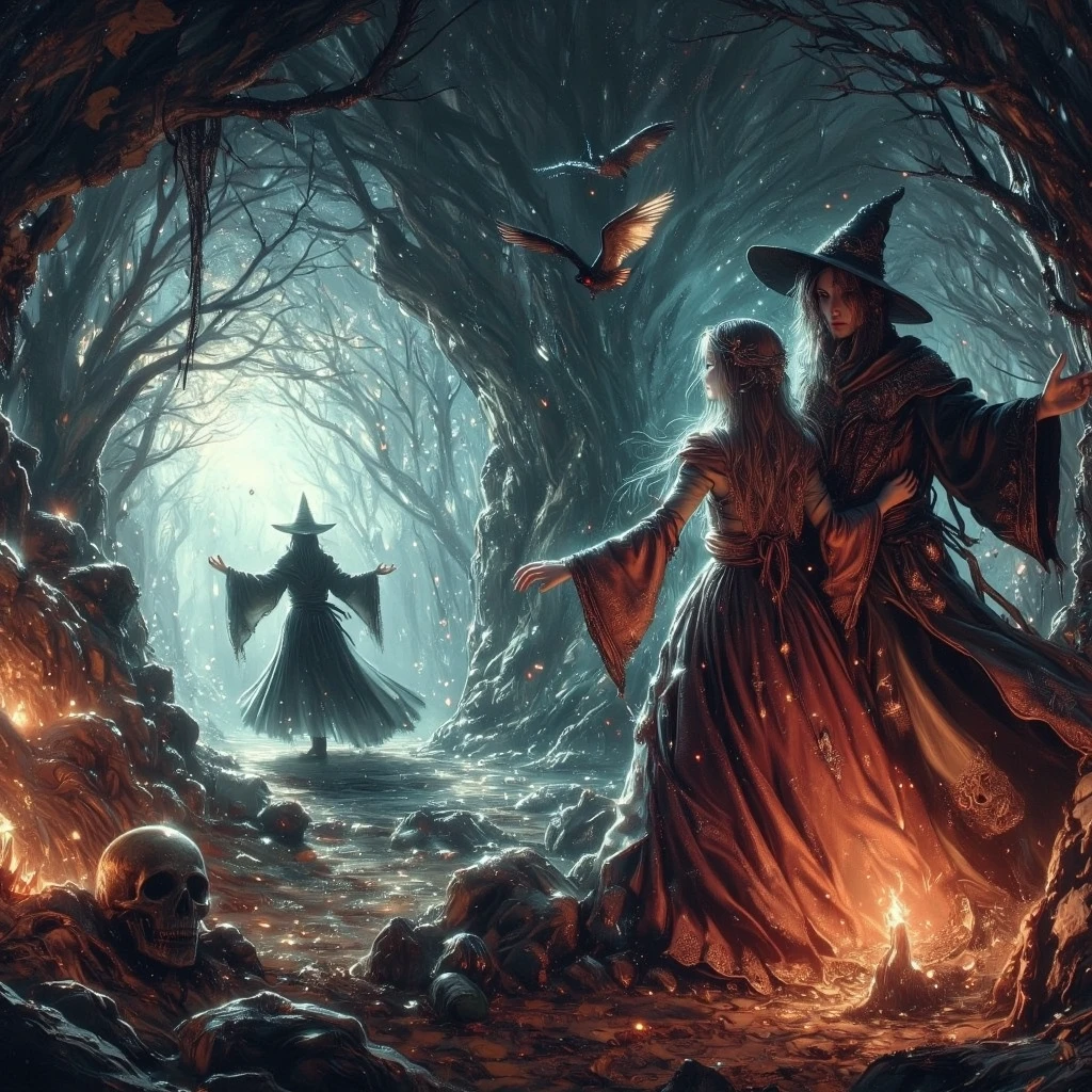 2 witch hunters and a witch with animals
