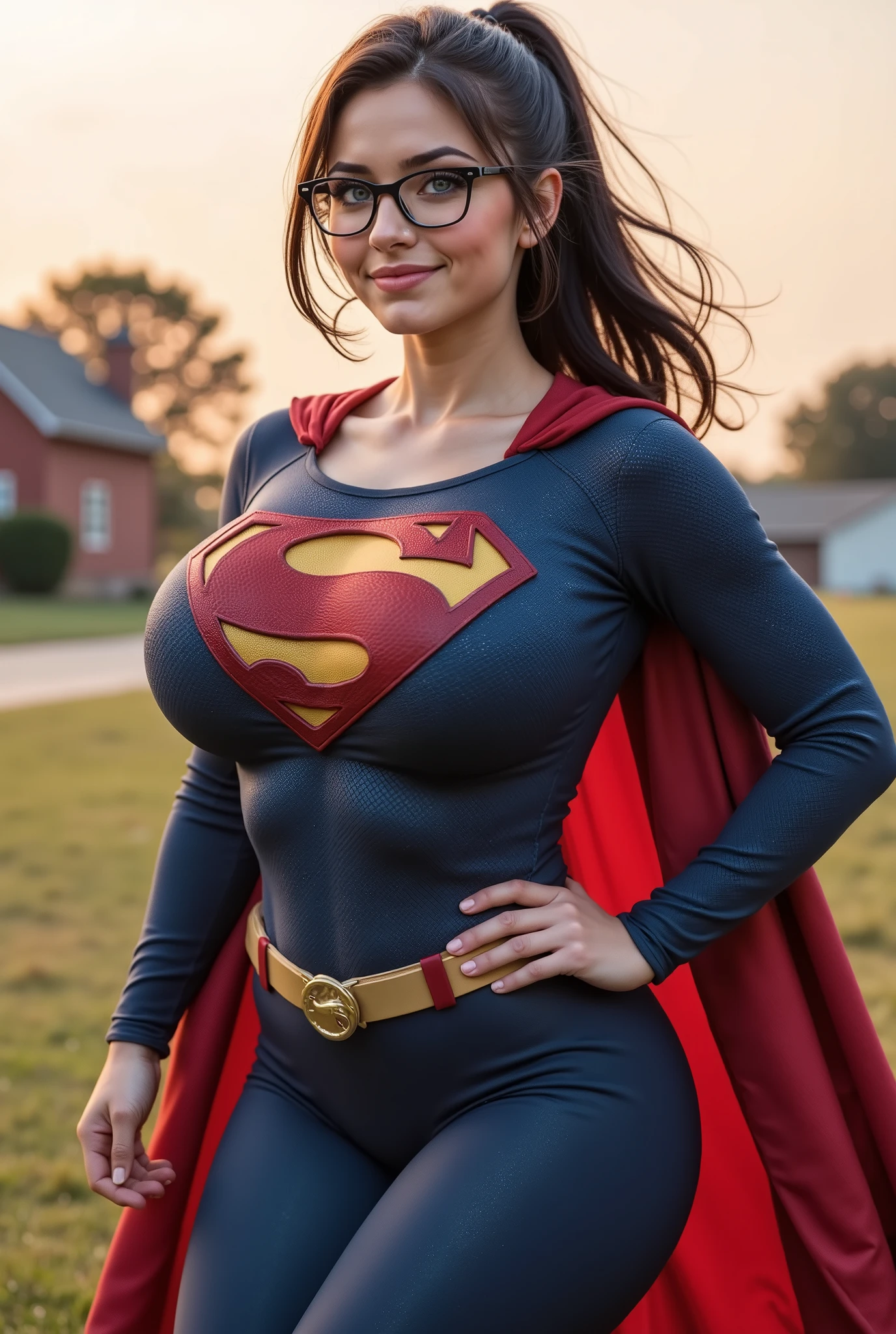 HER HANDS ON HER BREAST SQUEEZING THEM FIRMLY AS SHE MOAN OUT IN PLEASURE. (CRYSTAL CLEAR SHAPR IMAGE) An ultra-detailed , cosplay, 8K photo-realistic full-body portrait of a confident, CUTE nerdy young gal LIFTING UP HER BREASTS WITH HER BARE HANDS above the historic Kent Farm at dawn. She has HALF BLACK AND HALF WHITE hair tied back in a casual ponytail, bright blue eyes framed by classic Clark Kent-style glasses, and a thoughtful yet brave expression. She wears a retro-inspired, form-fitting authentic dc Superman suit in deep midnight blue spandex, with a bold red-and-yellow "S" emblem on her chest, a yellow utility belt, red boots, and a long red cape billowing dramatically in the wind. The suit is intricately textured, capturing every detail of the fabric and stitching as sunlight glints off the polished surfaces. Her cape and black hair lift naturally in the air as she floats mid-hover, radiating a quiet, emerging power. The lighting is soft and natural, casting realistic shadows and capturing the subtle movement of the moment. The Kent Farm BARNS AND HOUSE landscape stretches out, blurred slightly by depth of field, grounding the scene. HER CHEST GROWING AND EXPANDING WITH POWER AS IT GROWS OUT OF CONTROL (MASSIVE, ENLARGED, EMBIGGENED BREAST/CHEST). Her expression is joyfull and confident— soft blush on her cheeks, lips slightly parted, and her bright eyes with quiet confidence. The lighting is natural, with realistic soft shadows cast, and reflections subtly catching the folds of her cape and suit texture. Her long hair is tousled gently, a few strands falling over her glasses, adding warmth and humanity to her heroic appearance. The depth of field isolates her against the blurred background farm scene, where the Textures are crisply defined, from the detailed stitching ON the fabric of her suit and the slight sheen of the long cape to the smooth textures of the environment.